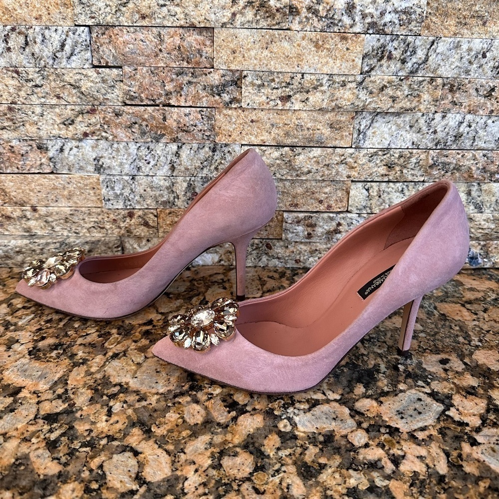 DOLCE & GABBANA Shoes Pink Leather Crystal Heels Pumps Heels - Picture 4 of 14